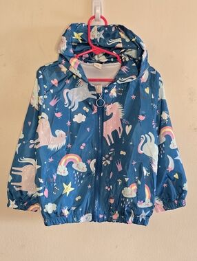Unicorn Rainbow Windbreaker Jacket Girls Size 110 (4T-5T) Blue Hooded Cute Print